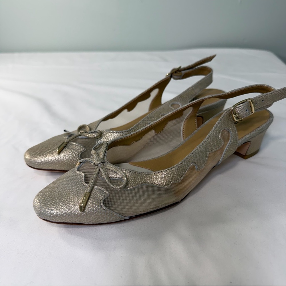 Vaneli Metallic Pewter Leather Mesh Slingback Low‎ Block Heels Size 7N